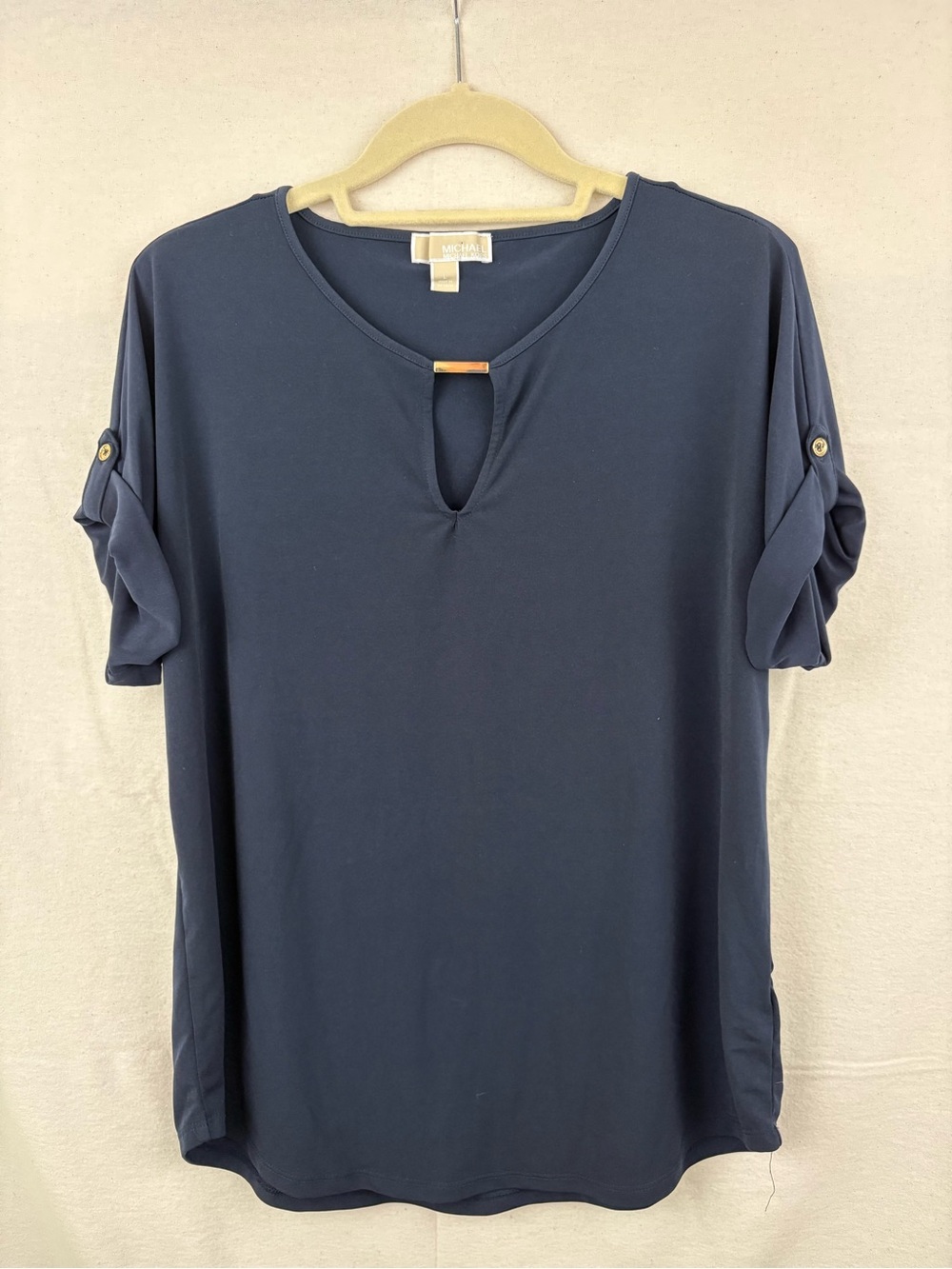 Michael Kors Navy Nautical Keyhole Short Sleeve Top with Gold Accents